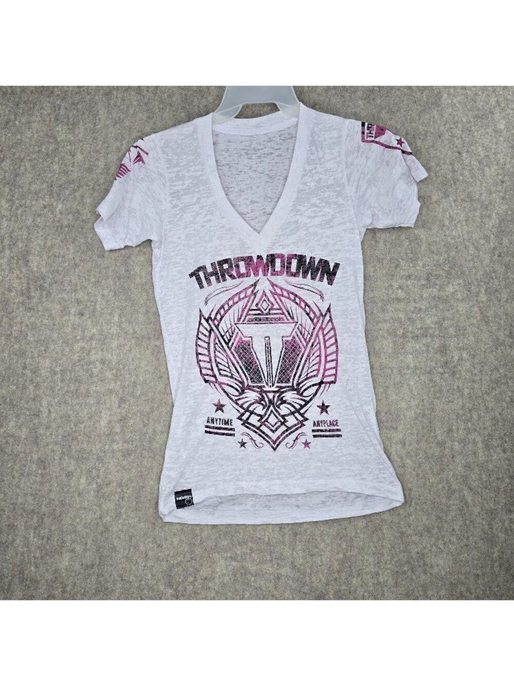 Throwdown Women Graphic Burnout White & Pink T-Shirt Large Cotton Blend Slim Fit
